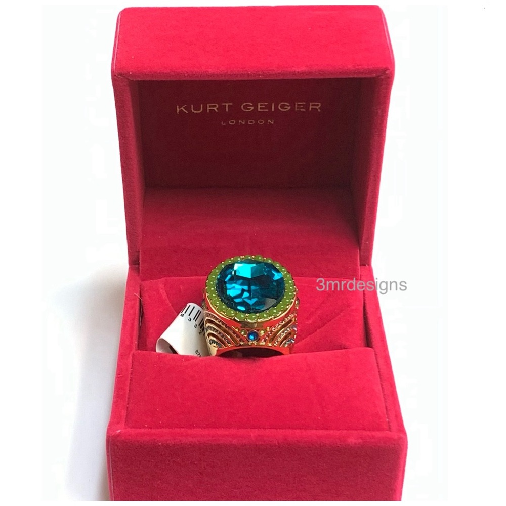 NWT KURT GEIGER LONDON Oval-Cut Gold Tone Turquoise CZ Crystal X-Large Ring - Picture 3 of 12
